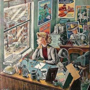 Travel agent at desk, 1949 - Illust. by Constantin Alajalov
